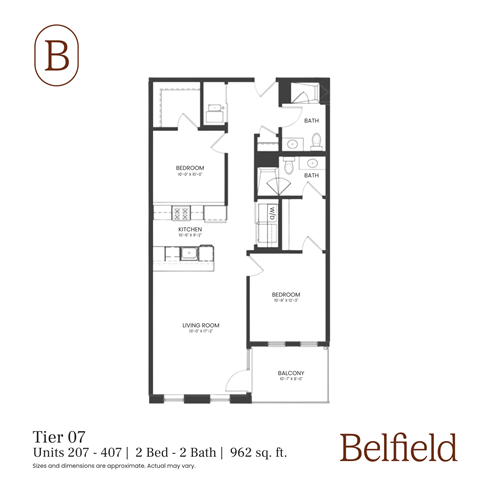 Floor plan for 2 beds, 2 baths, 962 sqft